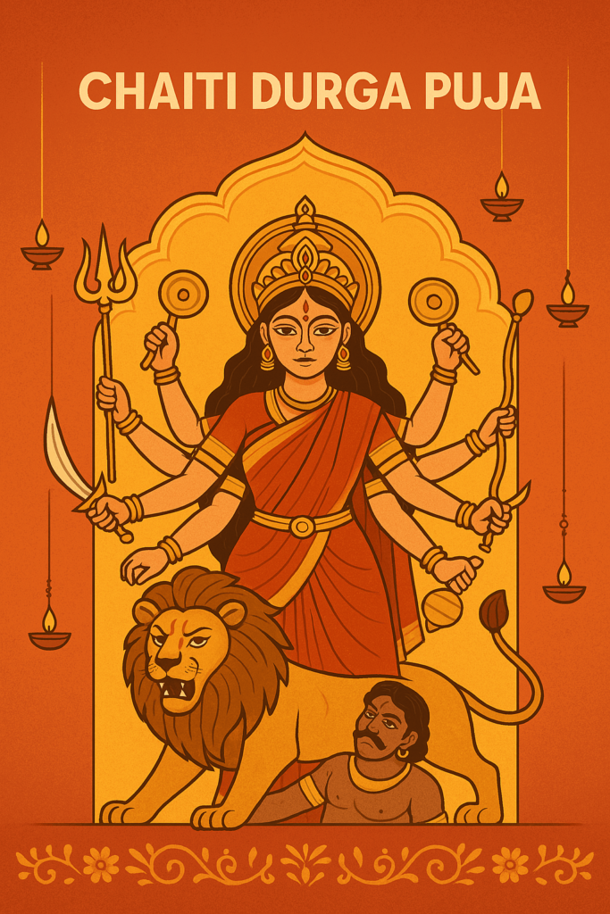 Digital illustration of Goddess Durga during Chaiti Durga Puja, depicting her with multiple arms, a lion, and the demon Mahishasura in a vibrant festive scene.