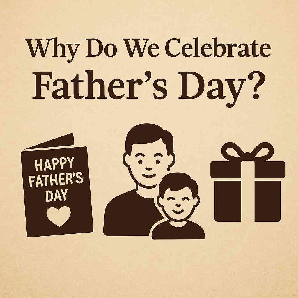 Graphic asking 'Why Do We Celebrate Father’s Day?' with icons of a greeting card, father and child, and a gift box on a beige background.