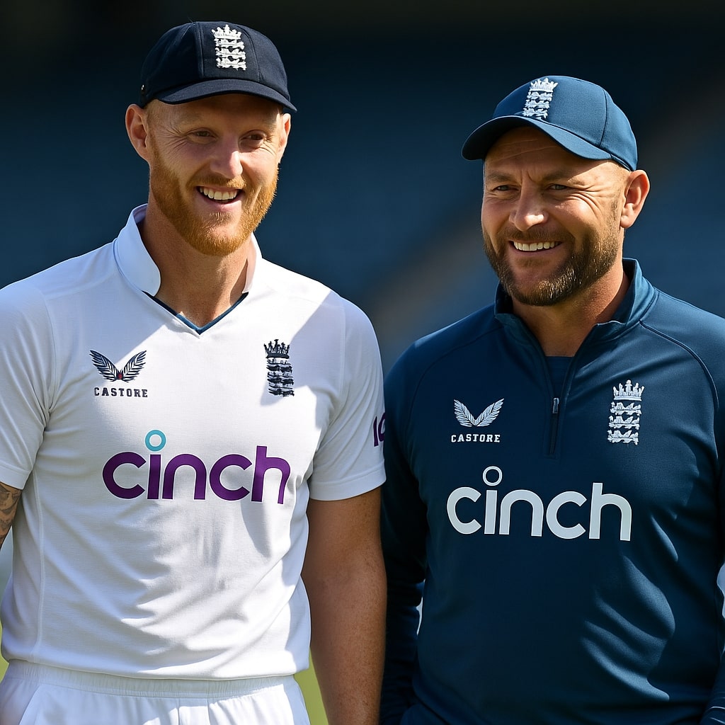 Ben Stokes and Brendon McCullum smiling on a cricket field, representing the Bazball era of England cricket.
