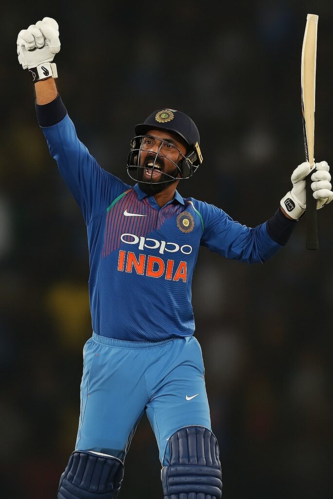 Dinesh Karthik celebrates after hitting the last ball six in the Nidahas Trophy Final vs Bangladesh, March 2018.
