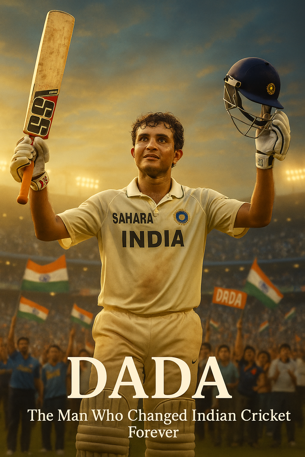 Sourav Ganguly raising his bat and helmet in an emotional farewell moment during his final cricket match, with Indian flags waving in the background.