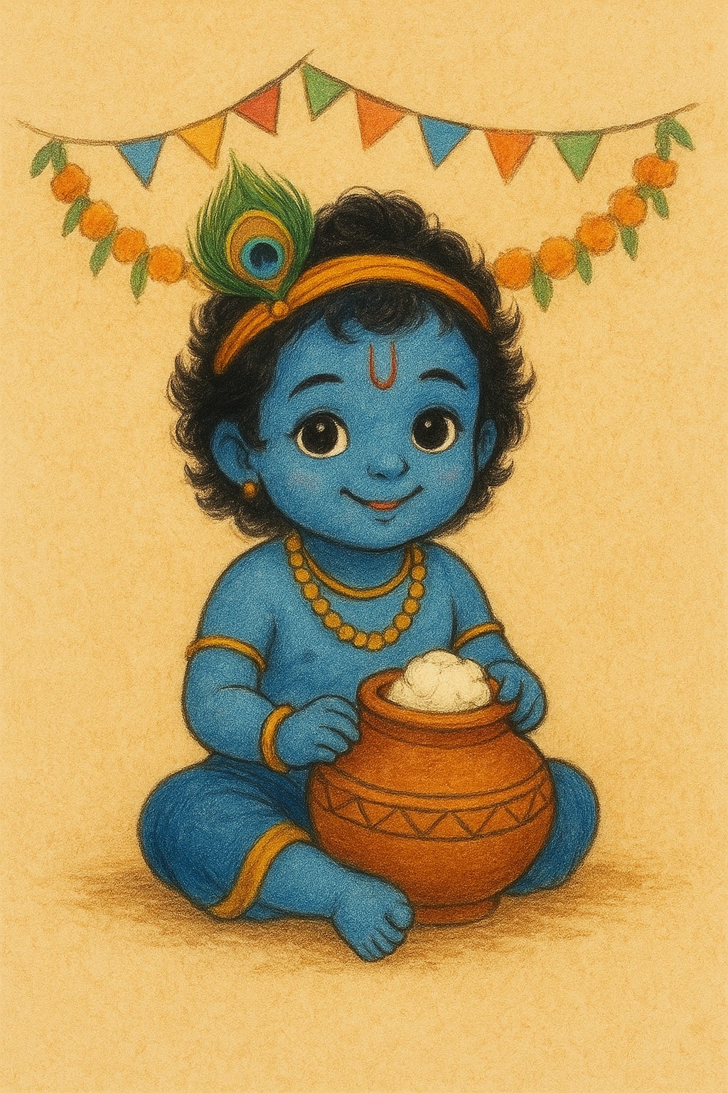 Adorable baby Krishna (Kanha) in traditional blue attire with golden jewelry, peacock feather, and butter pot