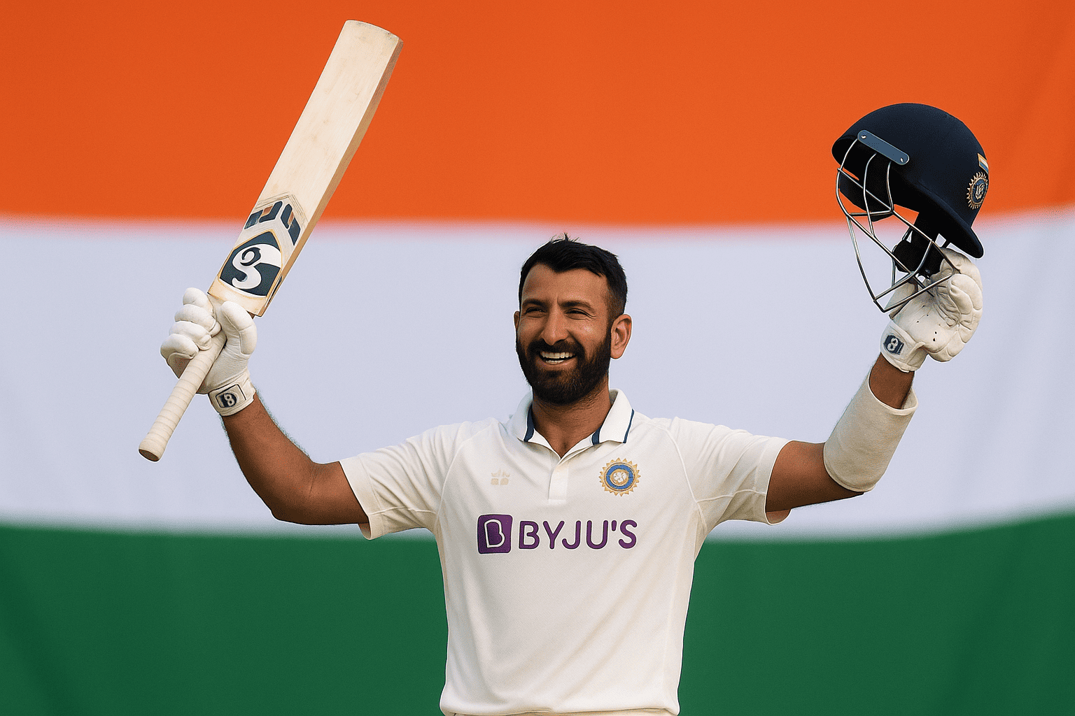 Cheteshwar Pujara celebrates a milestone, raising his bat and helmet with a smile, as the Indian tricolor forms the backdrop.