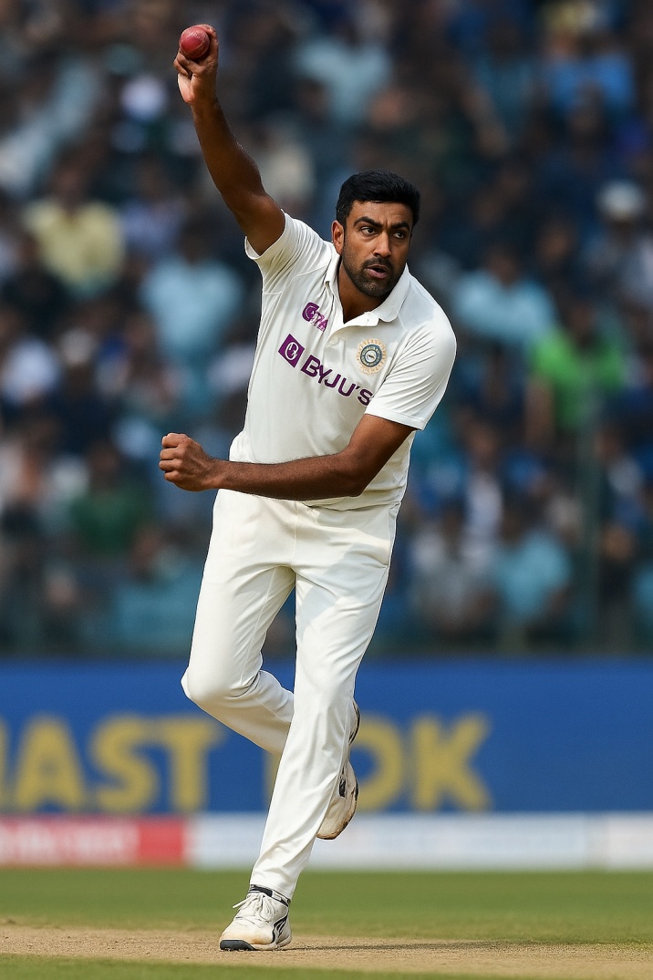 Ravichandran Ashwin bowling in his stride during a Test match for India.