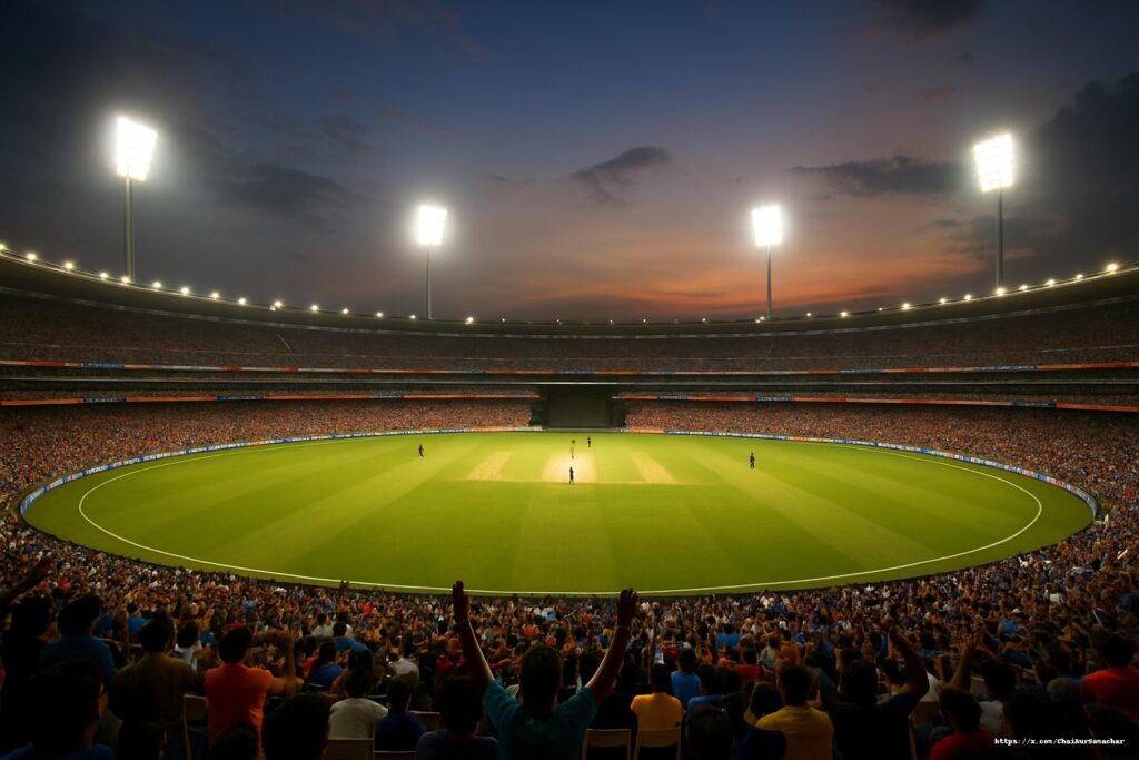 Photograph of a packed cricket stadium under floodlights at dusk, perfect for an Asia Cup blog header