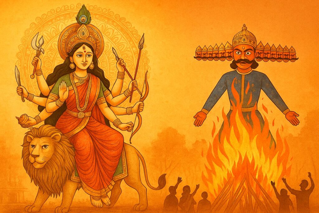 Maa Durga idol farewell and Ravana effigy burning – celebrating victory of good over evil on Dussehra and Vijayadashami