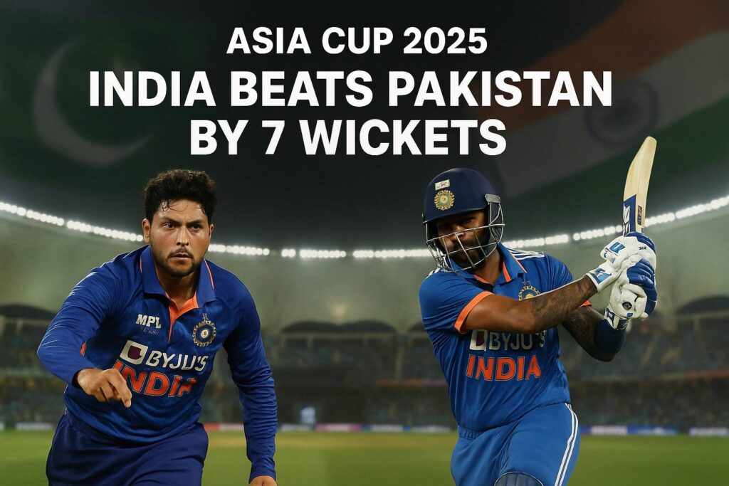Kuldeep Yadav bowling and Suryakumar Yadav batting in India’s 7-wicket win vs Pakistan, Asia Cup 2025