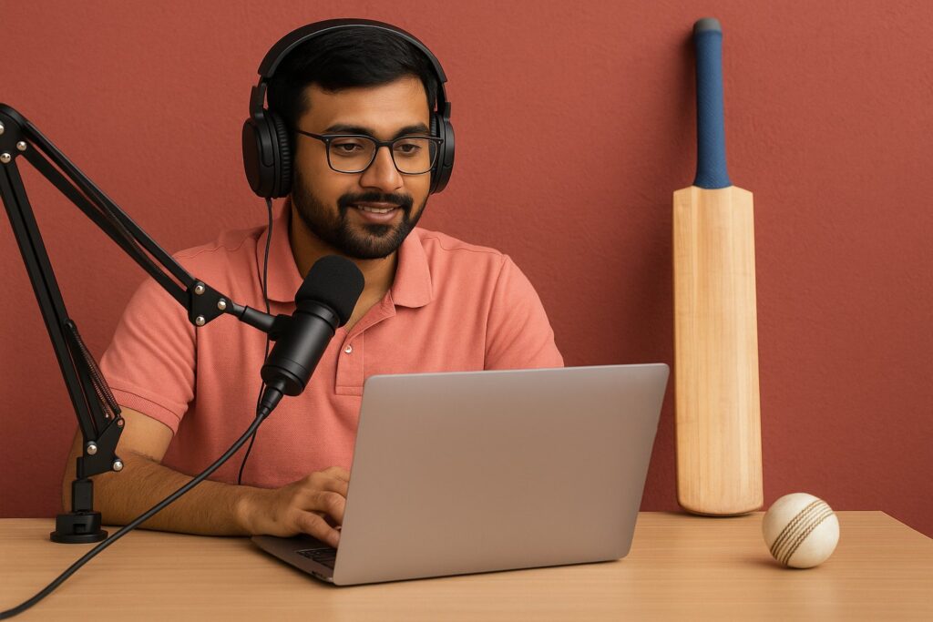 South Asian cricket analyst recording a podcast with microphone, laptop, and cricket bat in the background.