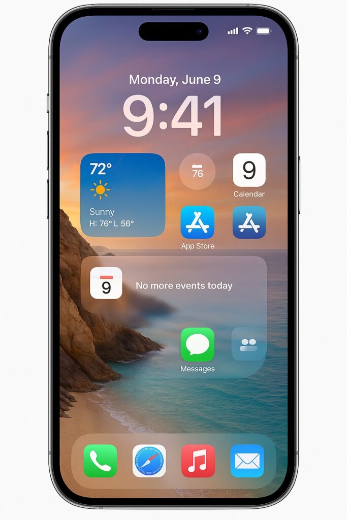 iPhone showing iOS 26 Liquid Glass Lock Screen and Home Screen with spatial wallpaper and translucent widgets.