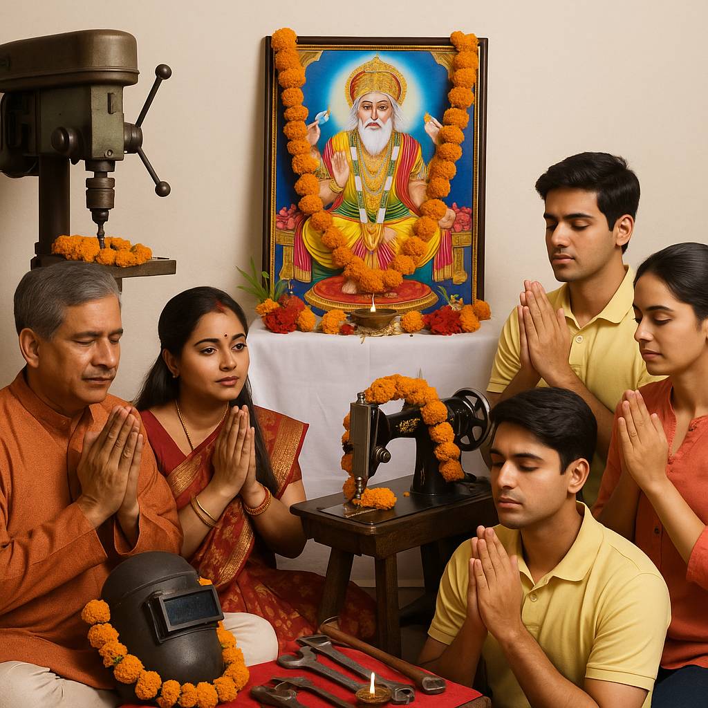 People celebrating Vishwakarma Puja in India by worshipping tools, machines, and Lord Vishwakarma.