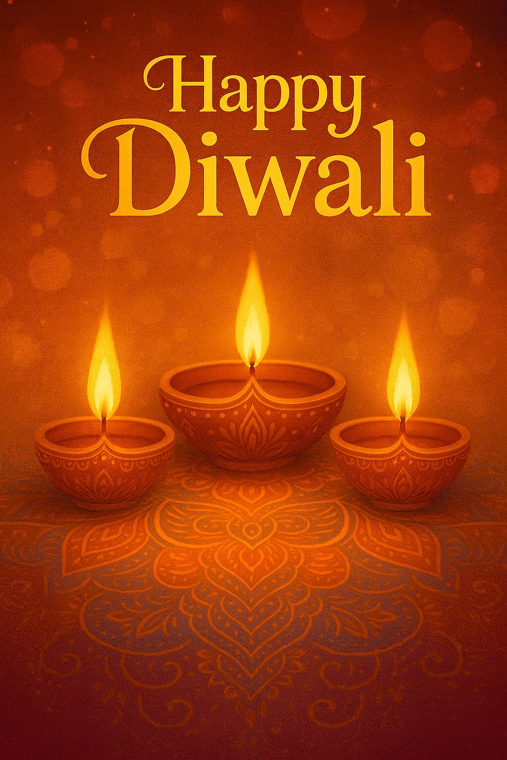 Three decorative clay diyas glowing with warm golden light over a traditional Rangoli pattern, with elegant “Happy Diwali” text above — symbol of the Festival of Lights 2025.
