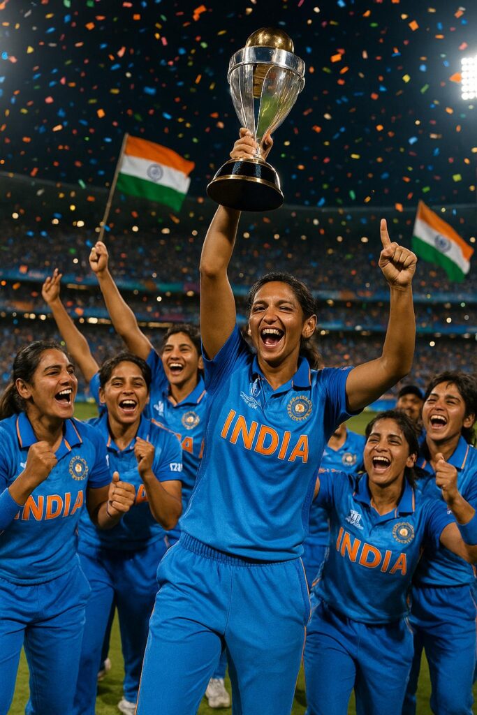 Indian women’s cricket team celebrates ICC Women’s World Cup 2025 victory with Harmanpreet Kaur holding the trophy.
