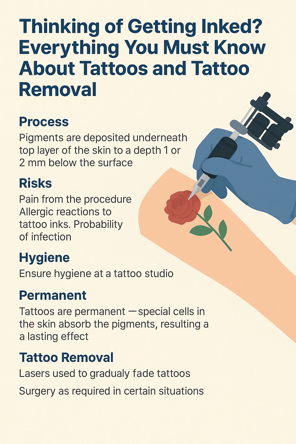 Infographic explaining the tattoo process, associated risks, hygiene tips, permanence, and safe tattoo removal options with a minimalist illustration of a tattoo being done on an arm.