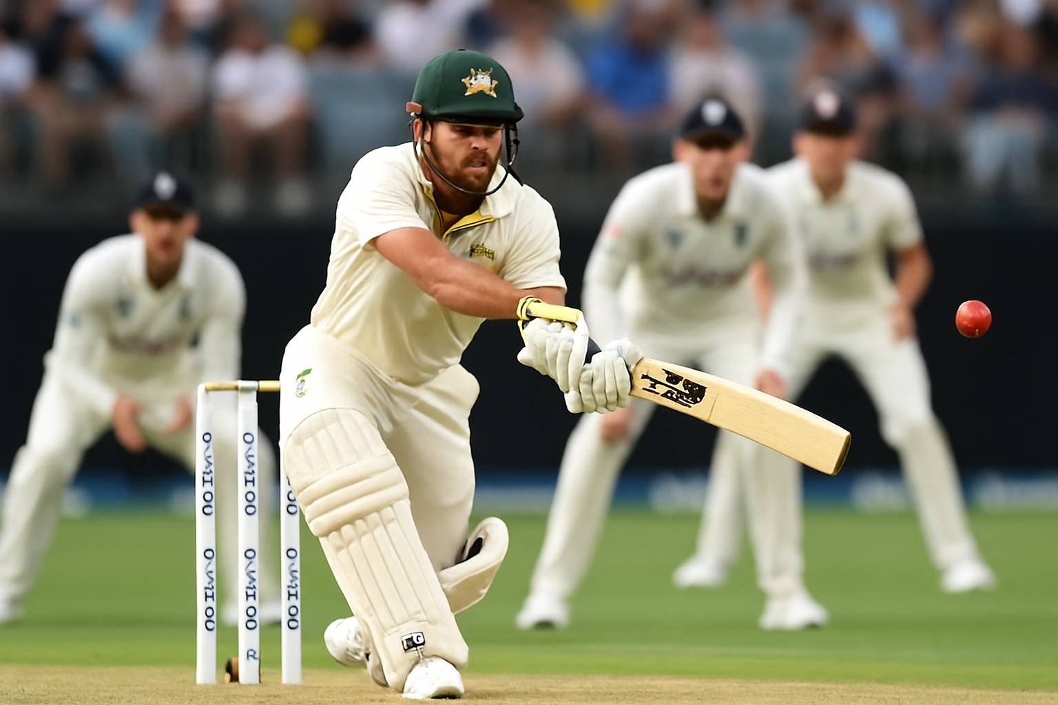 Travis Head batting left-handed against England during Perth Ashes Test match, hitting a powerful shot with fielders in the background.