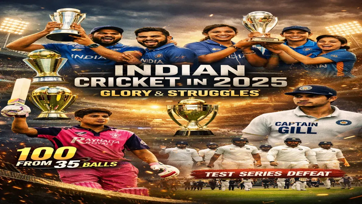 Indian cricket in 2025 showing Champions Trophy triumph, Women’s World Cup victory, rise of teenage prodigy Vaibhav Suryavanshi and contrasting Test cricket struggles