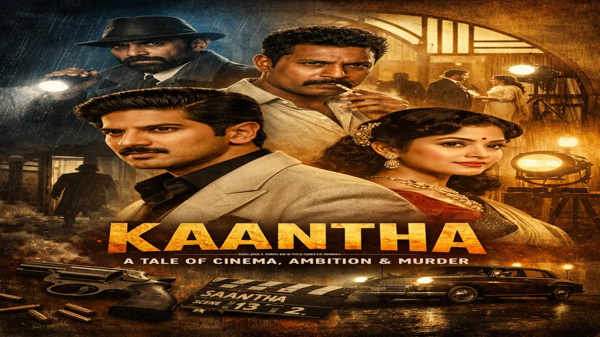 Kaantha movie review poster featuring Dulquer Salmaan in a stylish retro 1950s Madras setting