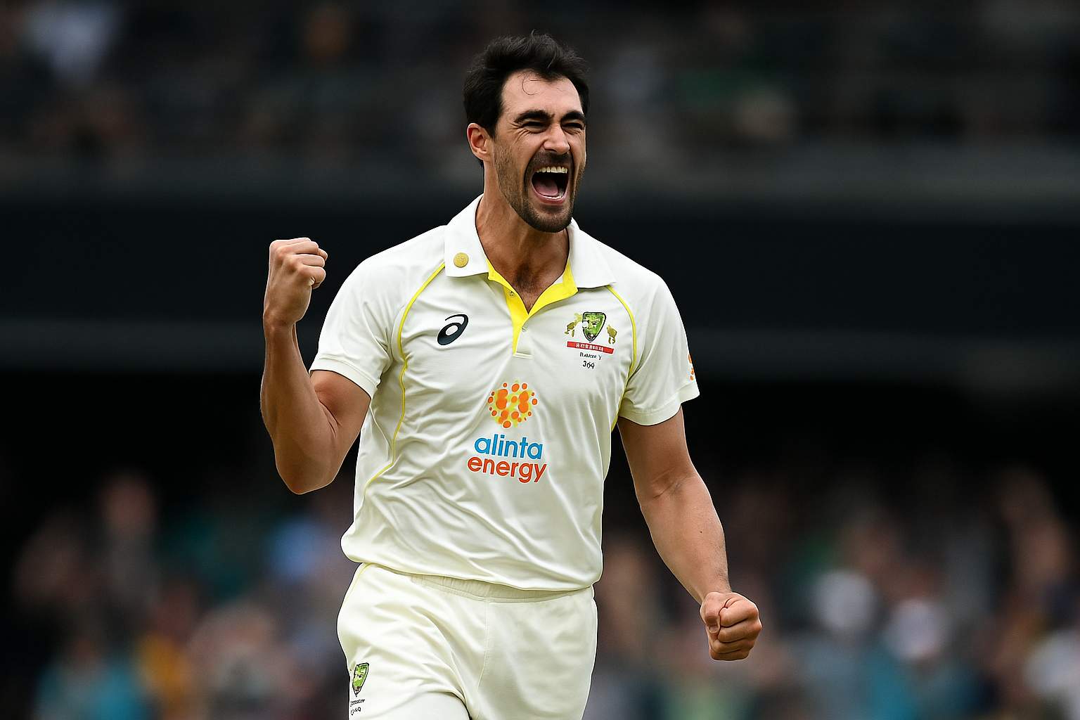 Mitchell Starc celebrates after taking a wicket during the Ashes Test against England