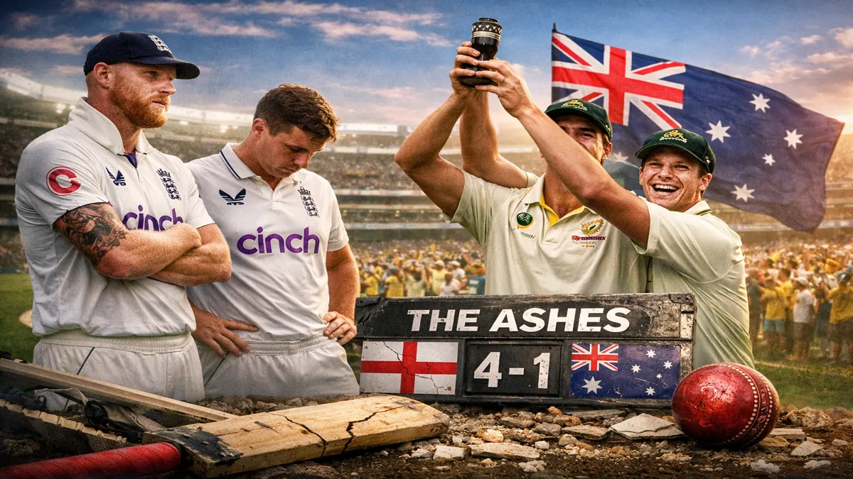 England players look dejected as Australia celebrate a 4–1 Ashes series win, highlighting Bazball’s failure on Australian soil