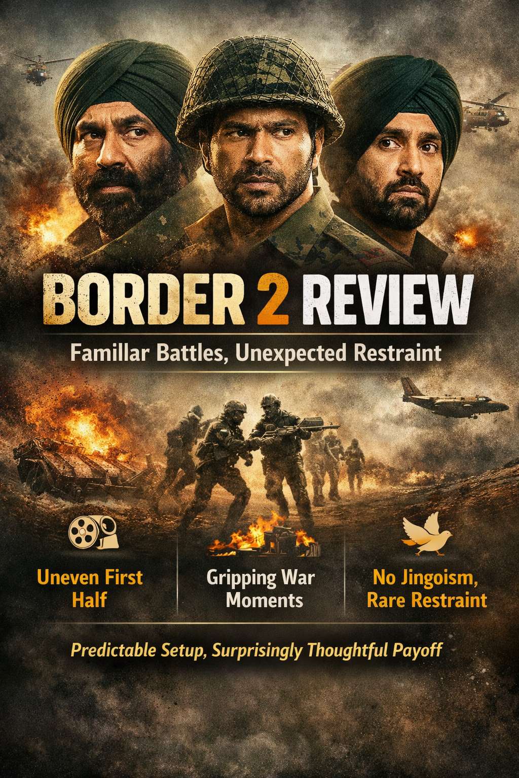 Border 2 film review poster showing Indian soldiers on a battlefield, highlighting a restrained and thoughtful war narrative