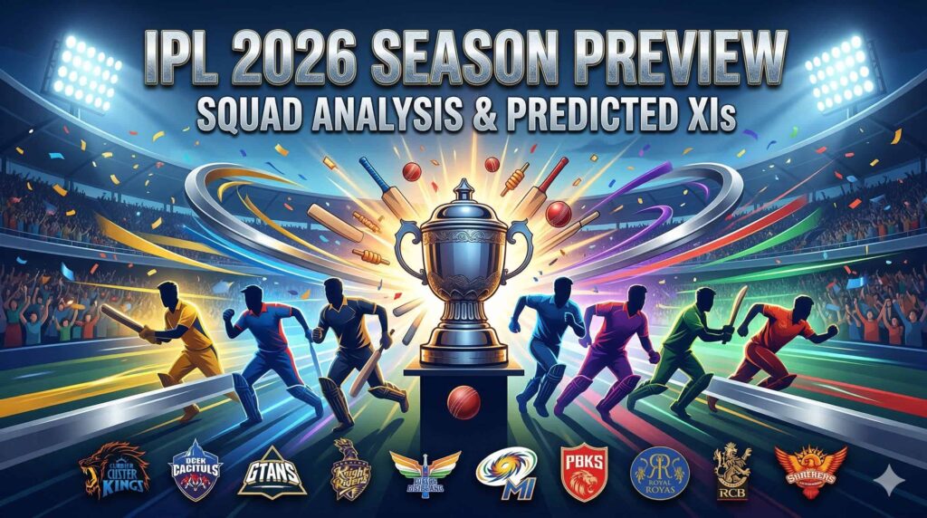 Digital illustration showing IPL 2026 trophy with silhouettes of cricketers and logos of all 10 franchises.