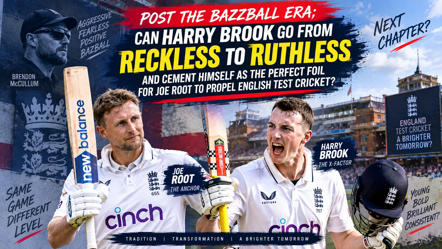 Harry Brook and Joe Root in England Test cricket whites during a discussion about the post-Bazball era