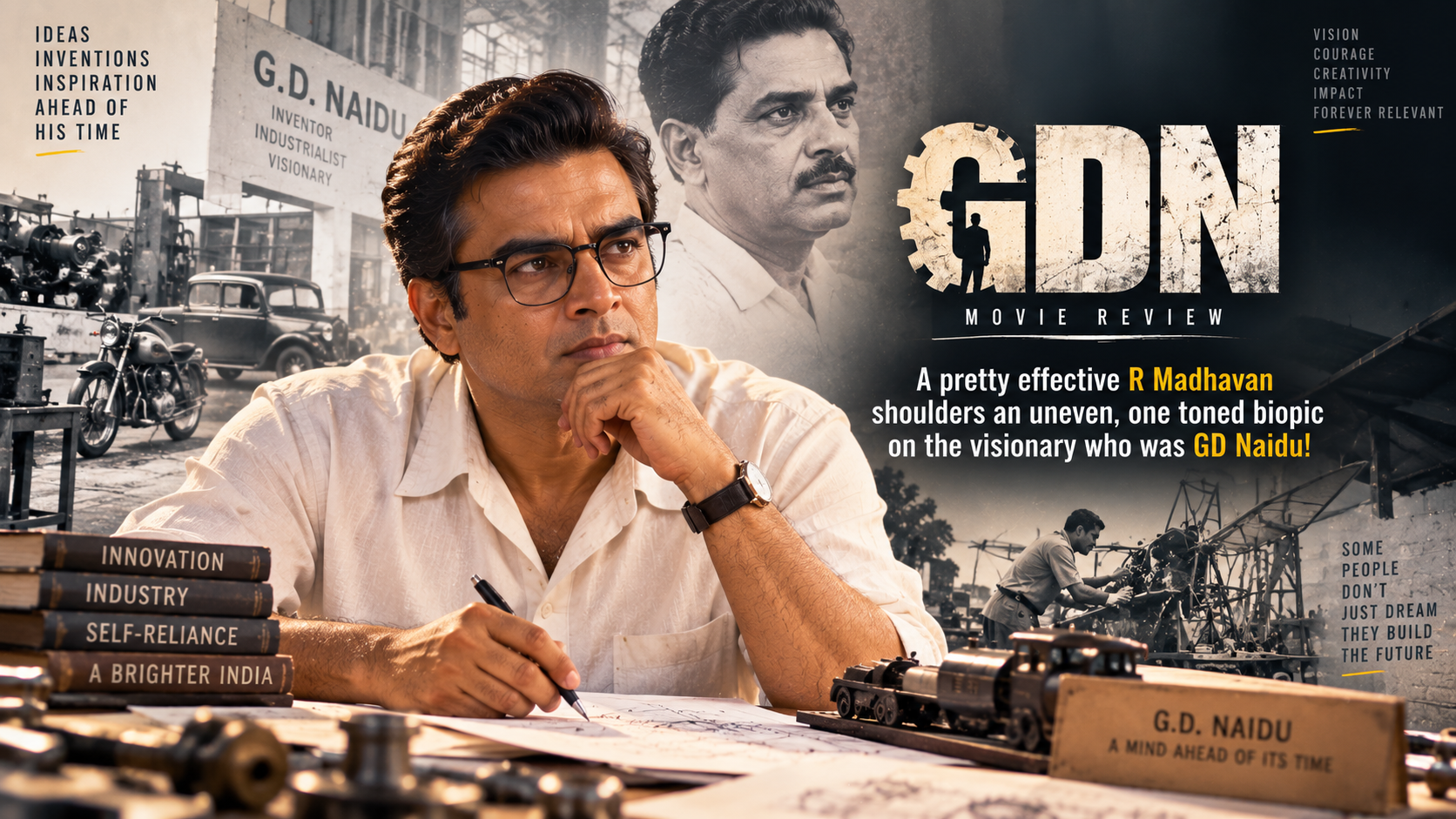 GDN movie review featuring R Madhavan as visionary G.D. Naidu